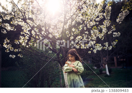 Girl holding young chicken in hands during springtime in garden. 138809483