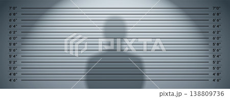 Police mugshot lineup dark background with height measurement scale and shadow silhouette Police mugshot lineup dark background with height measurement scale and shadow silhouette 138809736