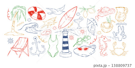 Hand drawn crayon colored doodle coastal elements, summer sea chalk art icons in sketch style Hand drawn crayon colored doodle coastal elements, summer sea chalk art icons in sketch style 138809737