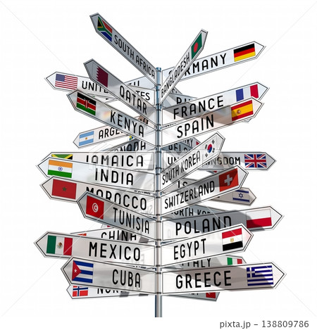 Signpost with national flags of different countries, white background Signpost with national flags of different countries, white background 138809786