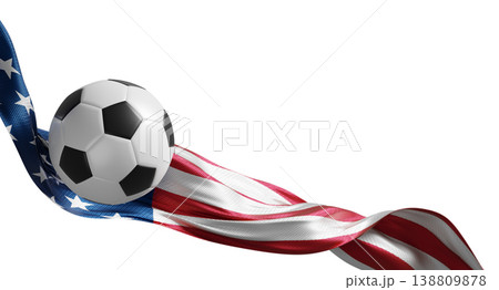 Soccer ball with waving american flag on white background with copy space 2026 America world football event concept banner 3D render 138809878