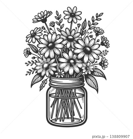 Wildflower Bouquet Mason Jar vector illustration Wildflower Bouquet Mason Jar vector illustration 138809907