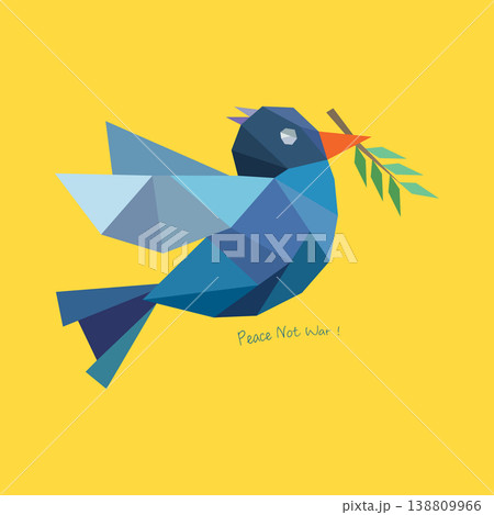 Polygon blue peach dove with olive branch isolated on yellow background 138809966