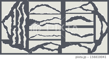 Torn paper with rippled edges. Fragments of torn sheets for frames, titles and templates. Textured cutout elements for banners and collages. Rough stripes for scrapbooking. Set of vector illustrations 138810041