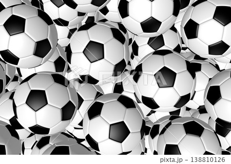 Many classic leather checkered black and white soccer balls - 3D illustration Many classic leather checkered black and white soccer balls - 3D illustration 138810126