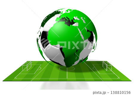 Soccer ball with world map and pitch on white background - 3D illustration Soccer ball with world map and pitch on white background - 3D illustration 138810156