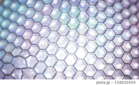 Abstract hexagonal pattern with translucent surfaces reflecting light, creating a colorful and dynamic visual effect suitable for backgrounds and design projects Abstract hexagonal pattern with translucent surfaces reflecting light, creating a colorful and dynamic visual effect suitable for backgrounds and design projects 138810354