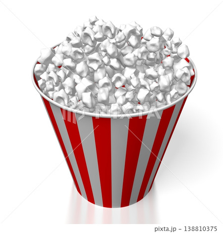 Red and white paper popcorn bucket isolated on white background - 3D illustration Red and white paper popcorn bucket isolated on white background - 3D illustration 138810375