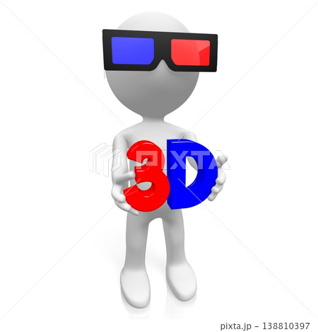 Cartoon character holding 3D word - three-dimensional movies concept 138810397
