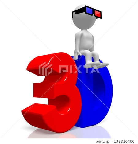 Cartoon character with cinema glasses sitting on 3D letters Cartoon character with cinema glasses sitting on 3D letters 138810400