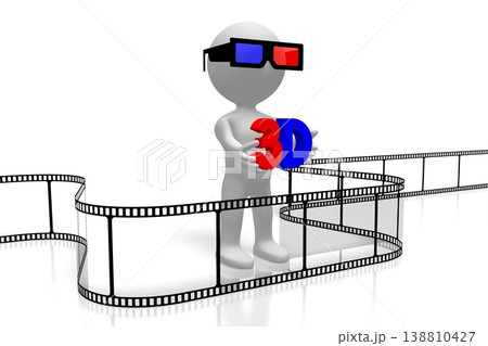 Cartoon character holding 3D word - cinema, movie theater concept Cartoon character holding 3D word - cinema, movie theater concept 138810427