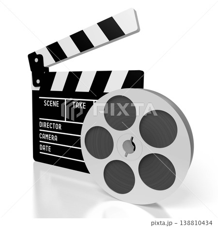 Film reel and clapperboard isolated on white background - 3D illustration 138810434