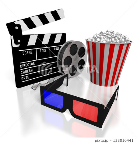 Red and blue glasses, clapperboard and popcorn - cinema, movie theater concept - 3D illustration Red and blue glasses, clapperboard and popcorn - cinema, movie theater concept - 3D illustration 138810441