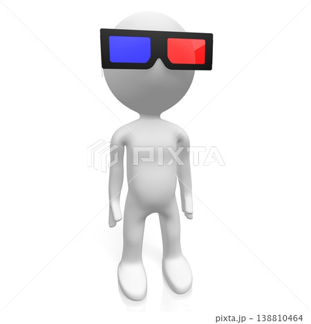 Cartoon character wearing red and blue cinema glasses - 3D illustration Cartoon character wearing red and blue cinema glasses - 3D illustration 138810464