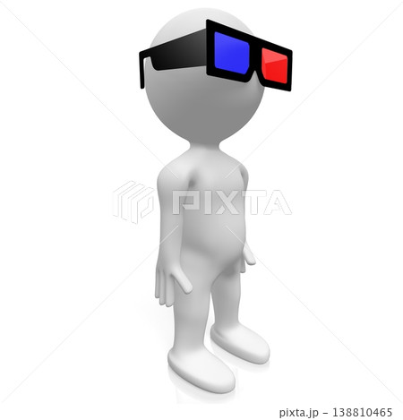 Cartoon character wearing red and blue cinema glasses - 3D illustration Cartoon character wearing red and blue cinema glasses - 3D illustration 138810465