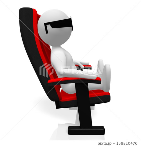 Cinema seat and cartoon character wearing retro red and blue glasses - 3D illustration Cinema seat and cartoon character wearing retro red and blue glasses - 3D illustration 138810470