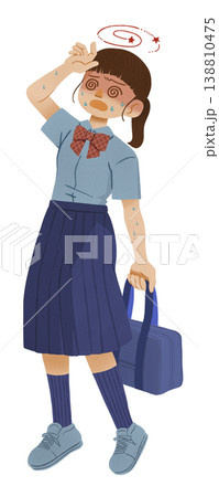 赤い顔で汗をかきながら、めまいに苦しめられる女子学生のイラスト 138810475