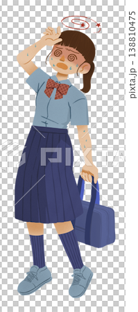 赤い顔で汗をかきながら、めまいに苦しめられる女子学生のイラスト 138810475
