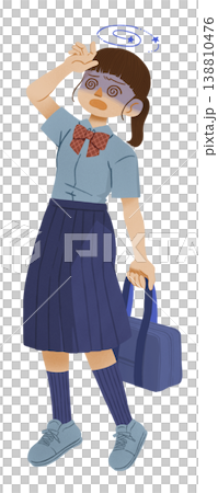 An illustration of a female student with a pale face suffering from dizziness. An illustration of a female student with a pale face suffering from dizziness. 138810476