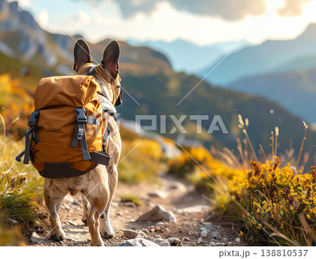 リュックを背負って夏山の登山道を歩くフレンチブルドッグ 138810537