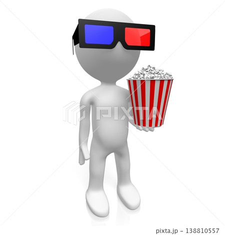 Cartoon character with cinema glasses holds popcorn - 3D illustration 138810557