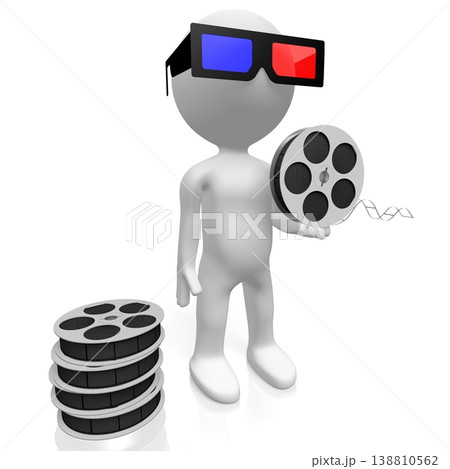 Cartoon character with cinema glasses holds film reel - 3D illustration 138810562