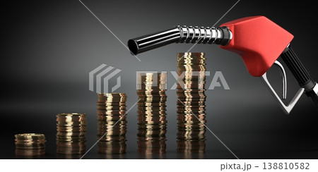 Rising fuel costs shown by coin stacks side view - 3d illustration 138810582