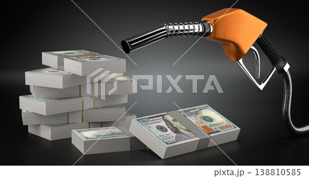 One hundred dollar bills with orange nozzle side view - 3d illustration One hundred dollar bills with orange nozzle side view - 3d illustration 138810585
