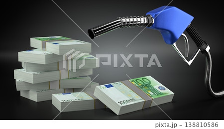 One hundred euro banknotes with blue nozzle side view - 3d illustration 138810586