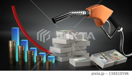 Dropping fuel prices, dollars banknotes and fuel pistol - 3d illustration 138810596