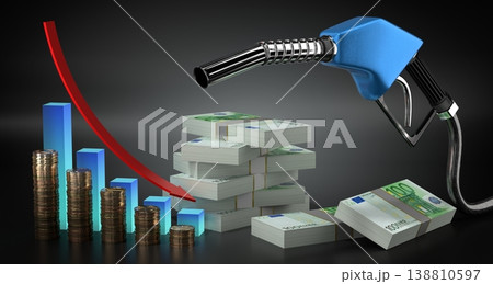 Dropping fuel prices, euro banknotes and fuel pistol - 3d illustration 138810597