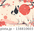 桜が舞う太陽を背景にしたフレンチブルドッグの和風イラスト 138810603