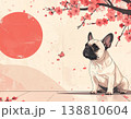 桜舞う太陽を背景に正面を見つめるフレンチブルドッグのイラスト 138810604