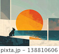 打ち寄せる波と夕日を見つめるフレンチブルドッグのシルエット 138810606