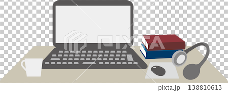 オンライン講座やリモート学習のイメージイラスト素材(デスク上のPCとヘッドフォン) オンライン講座やリモート学習のイメージイラスト素材(デスク上のPCとヘッドフォン) 138810613