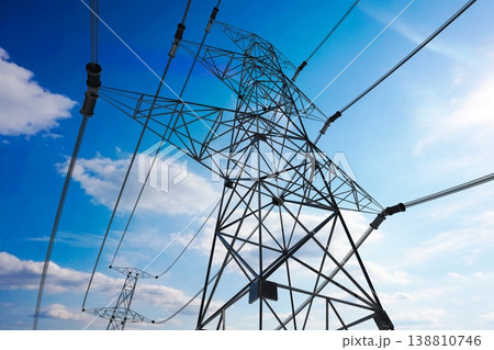 Electricity pylons and sky in background - 3D illustration 138810746