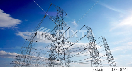 Electricity pylons and sky in background - 3D illustration 138810749
