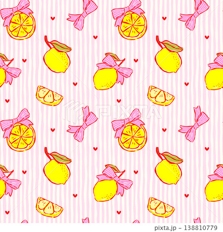Preppy Coquette Girly Yellow Lemon Summer Seamless Pattern isolated on Pink Stripes Whimsical Hand Drawn Preppy Coquette Girly Yellow Lemon Summer Seamless Pattern isolated on Pink Stripes Whimsical Hand Drawn 138810779