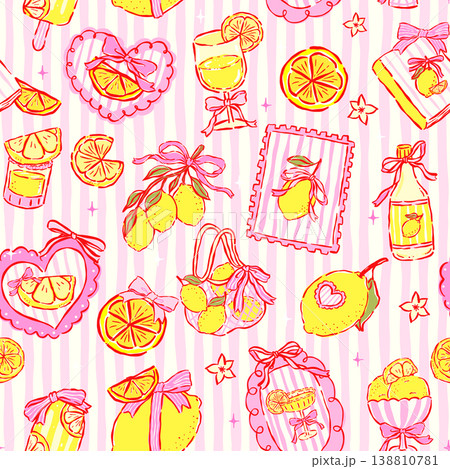 Preppy Pink Bow and Yellow Lemon Frame Seamless Pattern on Pink Stripes Whimsical Hand Drawn Cheerful Summer Surface Design for Textiles 138810781
