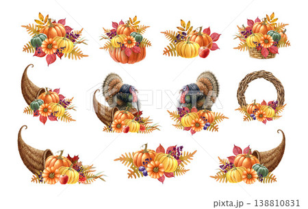 Thanksgiving clipart set with pumpkin leaves, fruits, turkey and cornucopia. Thanksgiving clipart for autumn decor, harvest wreath, warm tones, isolated elements on white background illustration Thanksgiving clipart set with pumpkin leaves, fruits, turkey and cornucopia. Thanksgiving clipart for autumn decor, harvest wreath, warm tones, isolated elements on white background illustration 138810831
