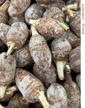 Taro roots with visible stems and brown husks piled together, showcasing texture and pattern 138810975
