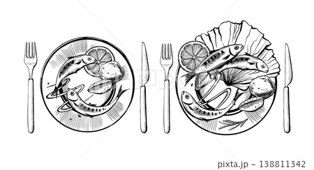 Sardine dinner plate compositions in minimalist vector line art. Mediterranean seafood serving set with cutlery, lemon, and vegetables for gourmet restaurant menu design and hospitality branding Sardine dinner plate compositions in minimalist vector line art. Mediterranean seafood serving set with cutlery, lemon, and vegetables for gourmet restaurant menu design and hospitality branding 138811342