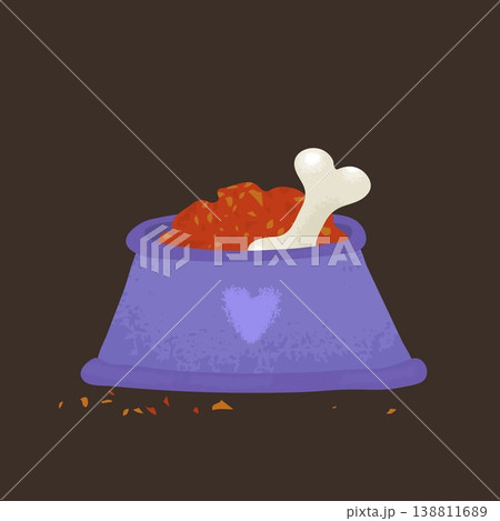 Dog food bowl with bone, hand drawn pet illustration, simple design, vector clipart isolated on dark background 138811689
