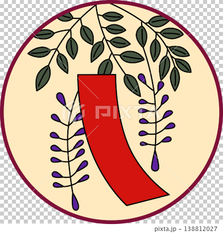 Circular Hanafuda cards featuring wisteria and red strips Circular Hanafuda cards featuring wisteria and red strips 138812027