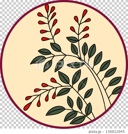A circular Hanafuda card featuring bush clover and dregs. A circular Hanafuda card featuring bush clover and dregs. 138812045