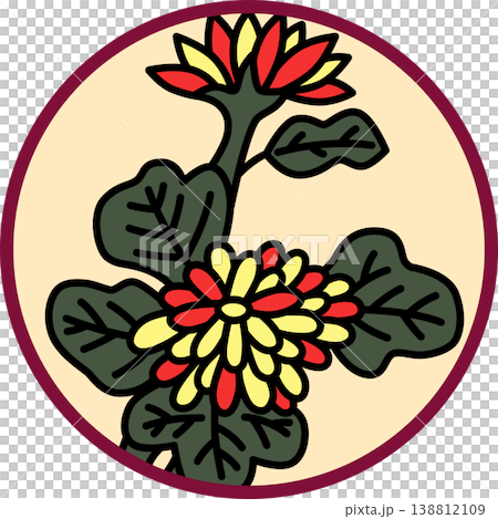 A circular Hanafuda card featuring a chrysanthemum and dregs. A circular Hanafuda card featuring a chrysanthemum and dregs. 138812109