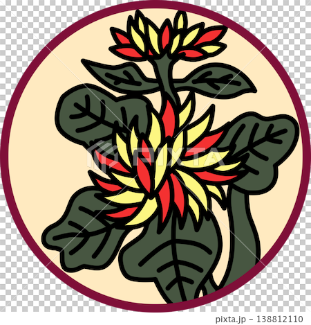 A circular Hanafuda card featuring a chrysanthemum and dregs. A circular Hanafuda card featuring a chrysanthemum and dregs. 138812110