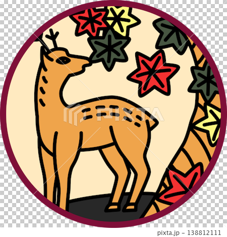 A circular Hanafuda card featuring autumn leaves and a deer. A circular Hanafuda card featuring autumn leaves and a deer. 138812111