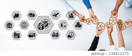 Hands Collaborating with Gears and Icons to Represent Logistic Solutions, Supply Chain Management, and Teamwork in Business Operations Ledger 138812273