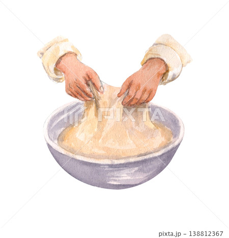 Hands stretch and fold dough in bowl, sourdough baking process watercolor illustration isolated on white, homemade bread preparation in rustic kitchen, culinary concept for recipes, bakery, food 138812367